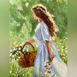 Elegant Lady in Blue Dress Art on Wood